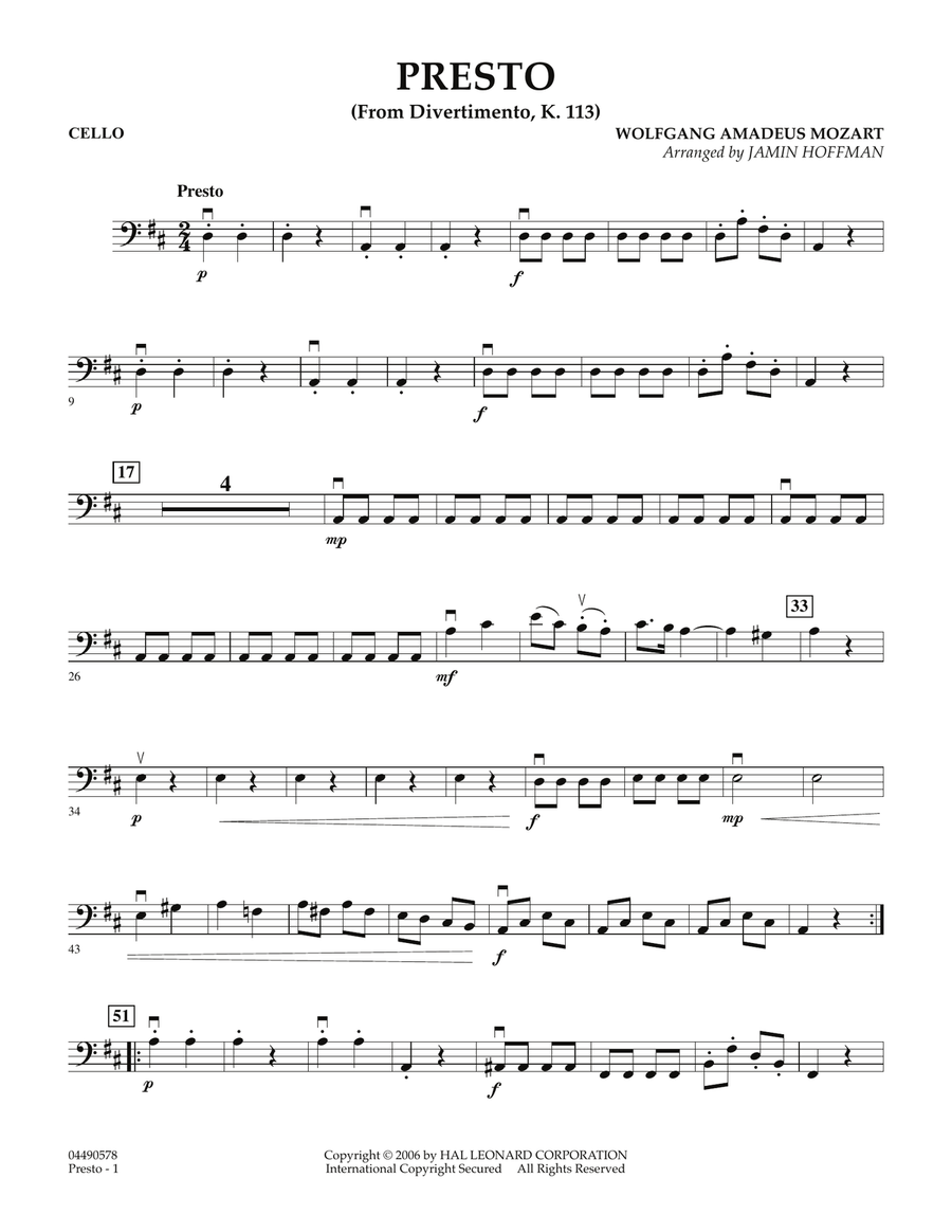 Presto (from Divertimento, K.113) - Cello Orchestra scores gallery preview page 1