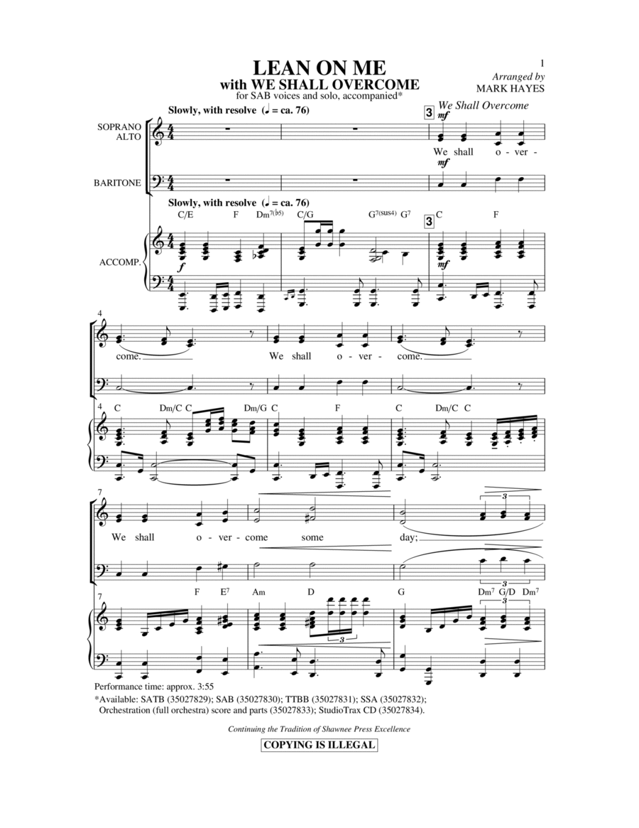 Lean On Me (with We Shall Overcome) 3-Part scores gallery preview page 1