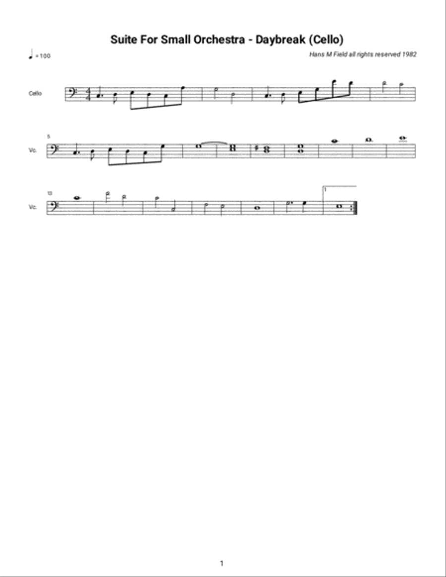 Suite for Small Orchestra - Daybreak (Cello Part) Chamber Orchestra scores gallery preview page 1