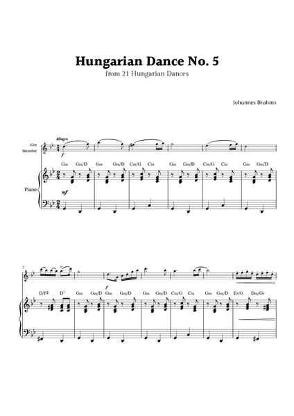Hungarian Dance No. 5 by Brahms for Alto Recorder and Piano image number null