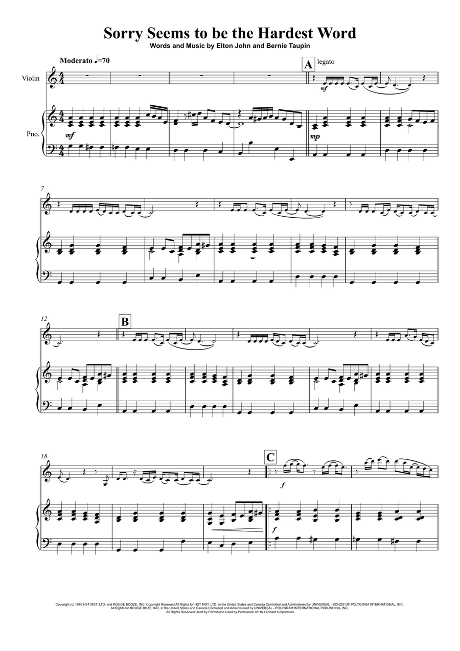 Sorry Seems To Be The Hardest Word Violin Solo scores gallery preview page 2