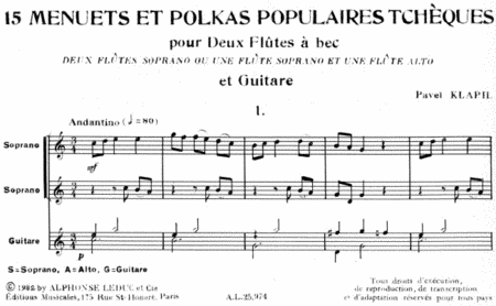 15 Menuets Et Polkas Populaires Tcheques (recorder & Guitar)