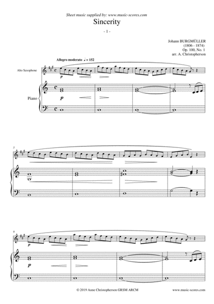 Sincerity - Burgmuller Op.100, No.1 - Alto Sax and Piano image number null