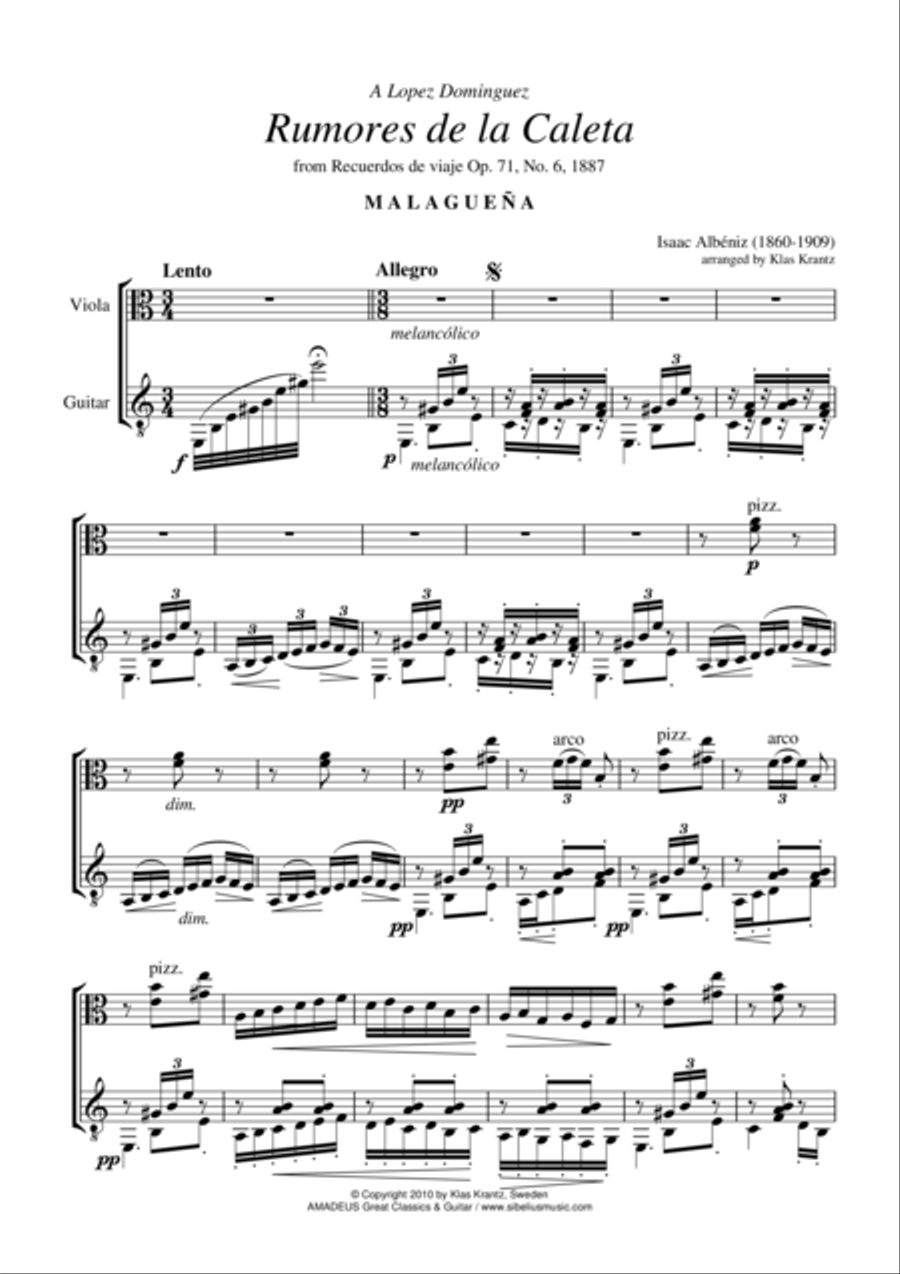 Rumores de la Caleta Op. 71 No. 6 for viola and guitar Rumores de la Caleta Op. 71 No. 6 for viola and guitar String Duet scores gallery preview page 1
