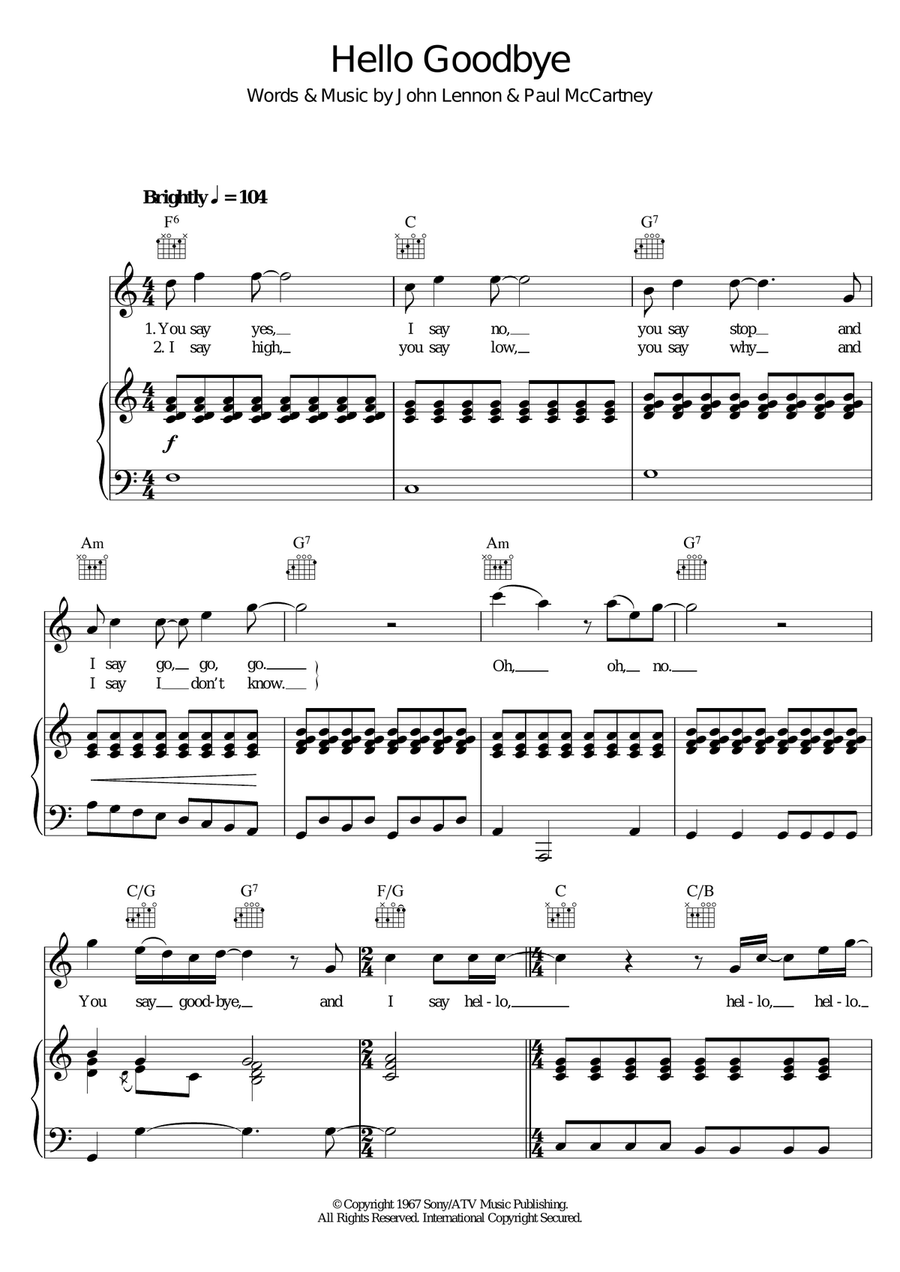 Hello, Goodbye Piano, Vocal scores gallery preview page 1