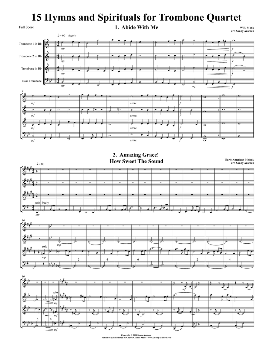 15 Hymns & Spirituals for Trombone Quartet-Bb Treble clef Trombone Quartet scores gallery preview page 1