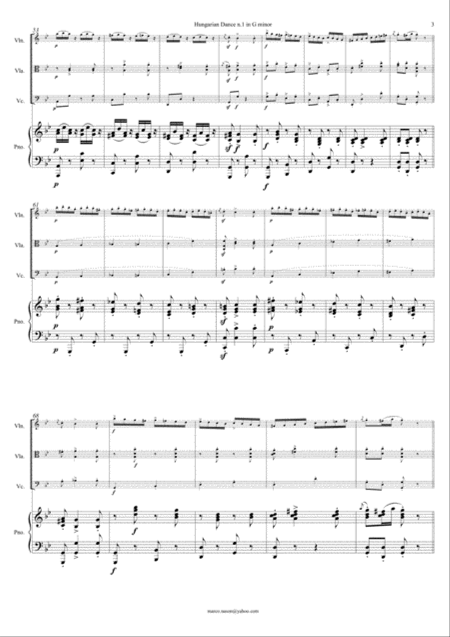 Brahms - Hungarian Dance n.1 in G minor for Piano Quartet Piano Quartet scores gallery preview page 3