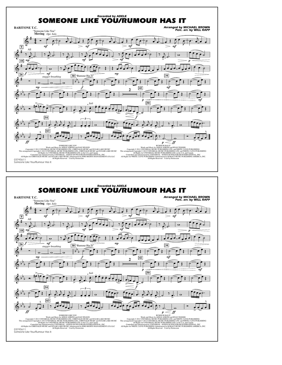 Someone Like You/Rumour Has It - Baritone T.C. Marching Band scores gallery preview page 1