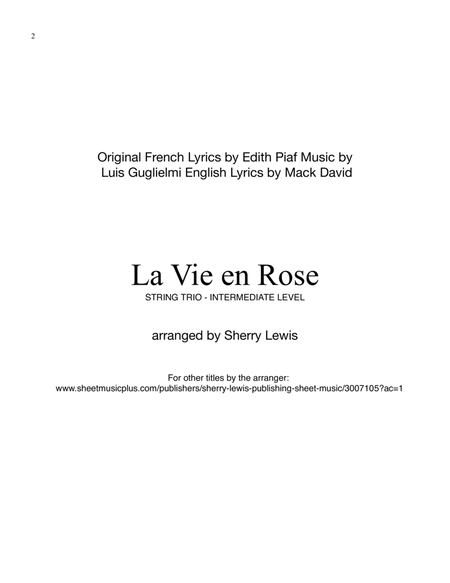 LA VIE EN ROSE String Trio for 2 violins and cello or violin, viola and cello Intermediate Level image number null