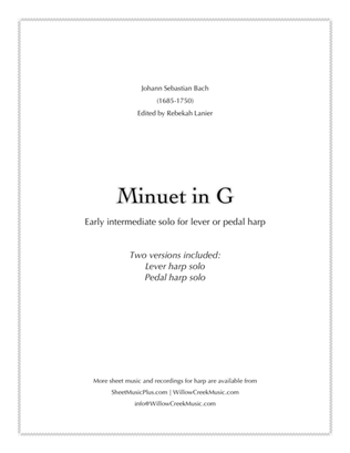 Minuet in G by Bach - solo lever or pedal harp