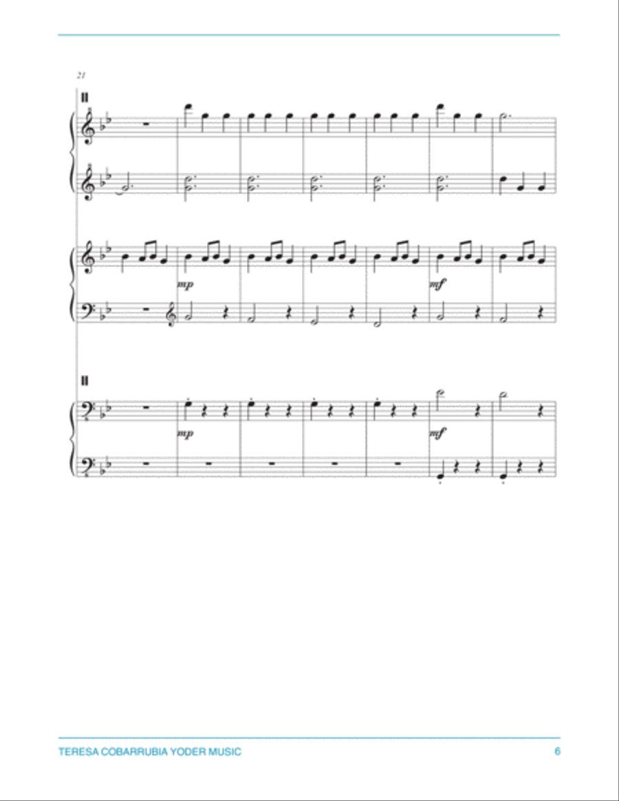 Carol of the Bells, Easy Piano Trio Arrangement (six hands, one piano) by Teresa Cobarrubia Yoder, A A Cappella scores gallery preview page 6