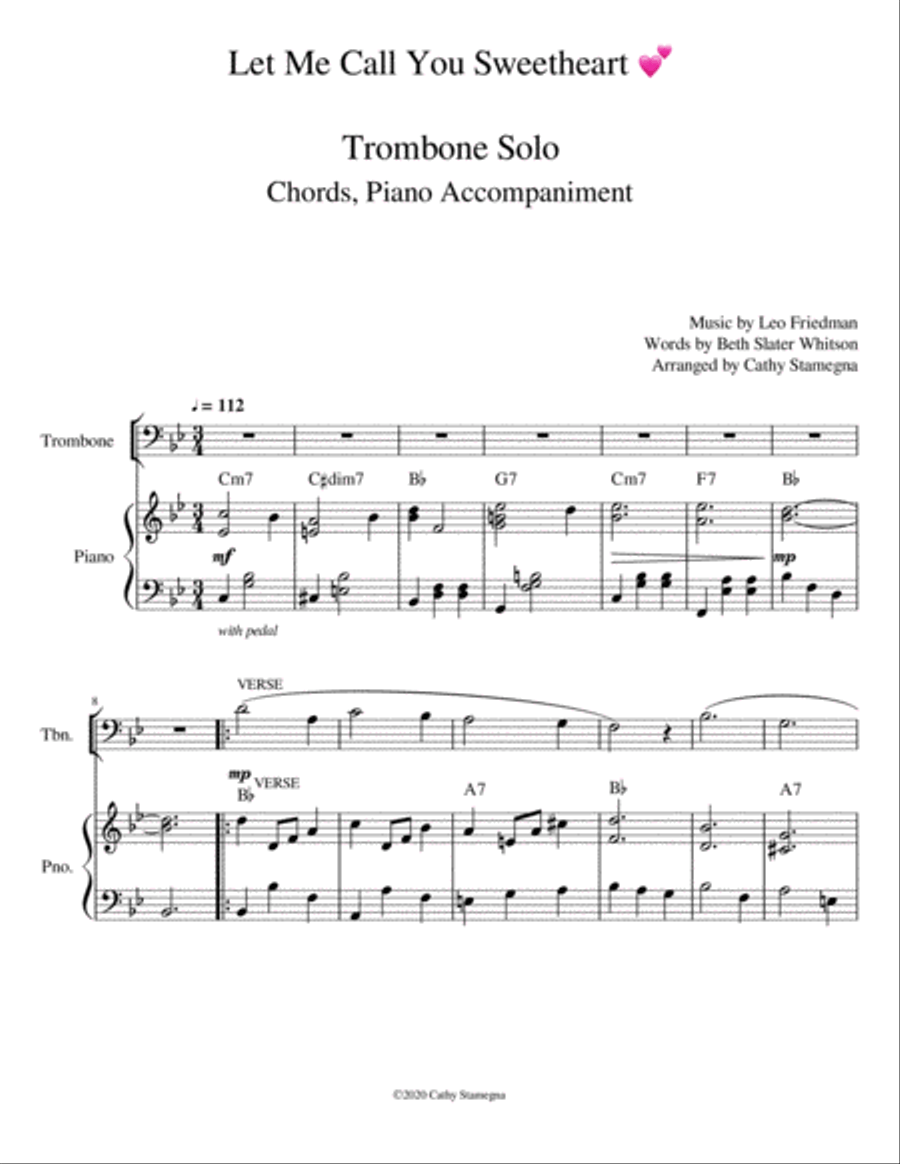 Let Me Call You Sweetheart (Trombone Solo, Chords, Piano Accompaniment). Small Ensemble scores gallery preview page 3
