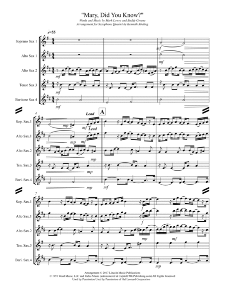 Mary, Did You Know? Saxophone Quartet scores gallery preview page 2