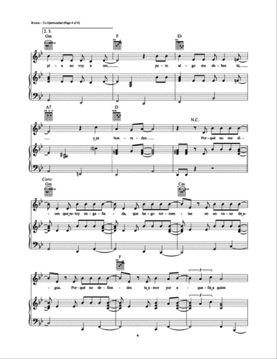 Tu Oportunidad Tu Oportunidad Piano, Vocal, Guitar scores gallery preview page 4