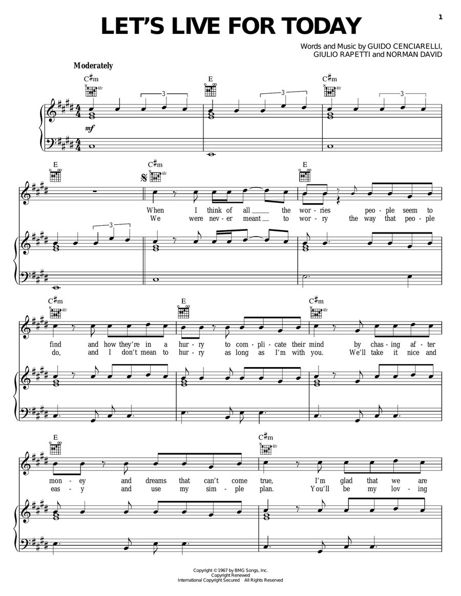 Let's Live For Today Piano, Vocal, Guitar scores gallery preview page 1