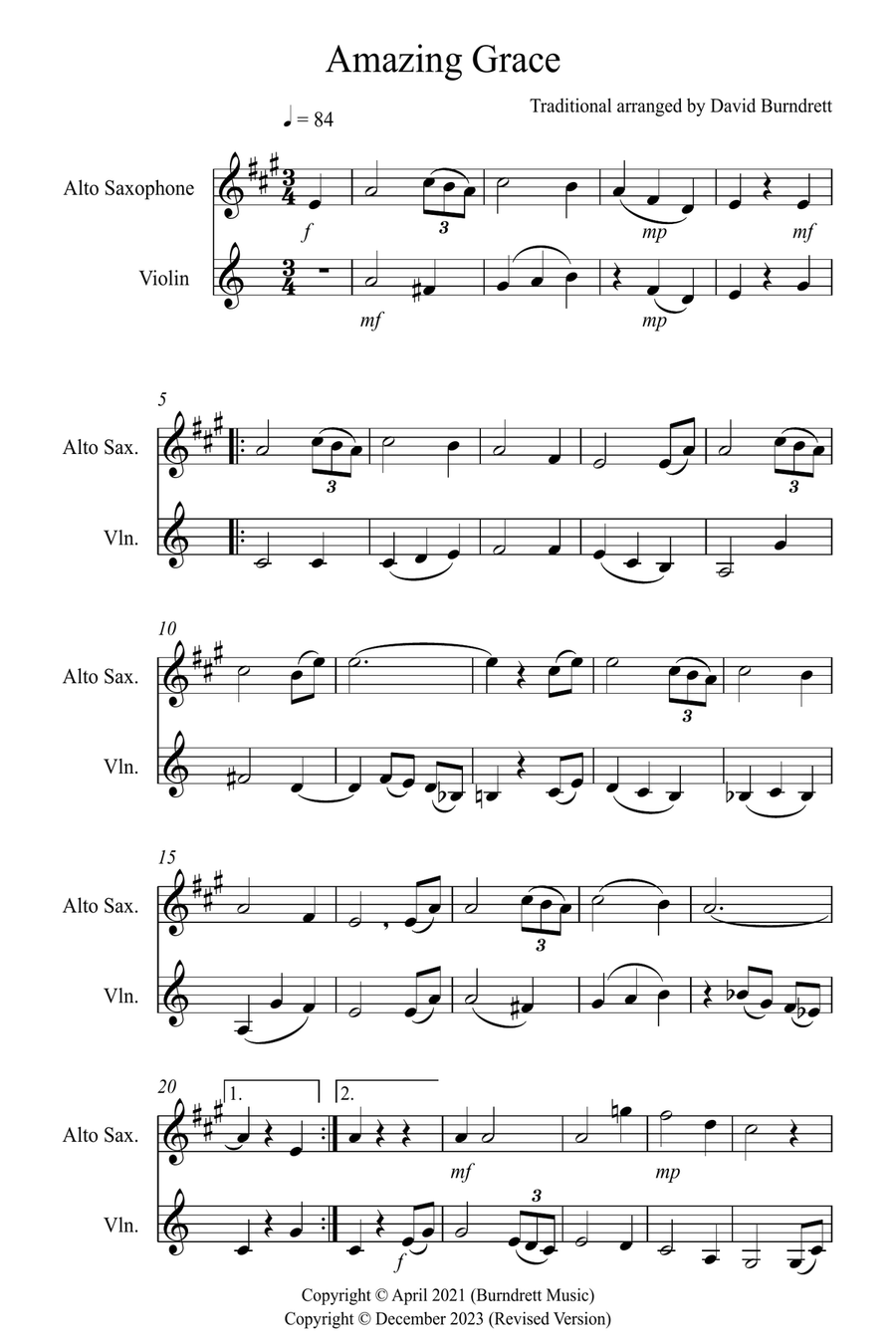 Amazing Grace for Alto Saxophone and Violin Duet Alto Saxophone scores gallery preview page 1