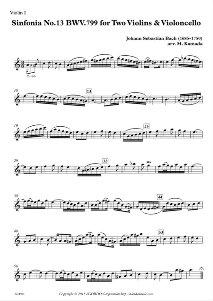 Sinfonia No.13 BWV.799 for Two Violins & Violoncello String Duet scores gallery preview page 3