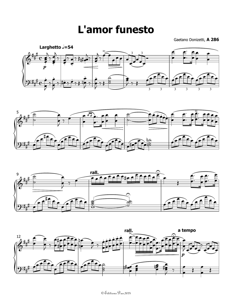 L'amor funesto, by Donizetti, in A Major Piano, Vocal scores gallery preview page 3