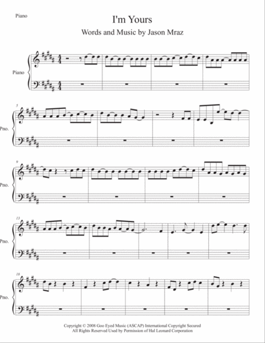 I'm Yours Easy Piano scores gallery preview page 1