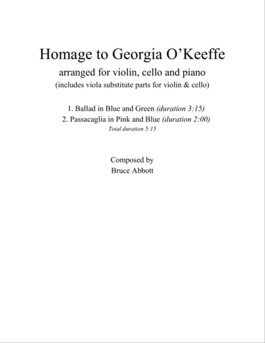 Homage to Georgia O'Keeffe (arr. for Violin, Cello & Piano - includes substitute parts for Viola) Piano Trio scores gallery preview page 1