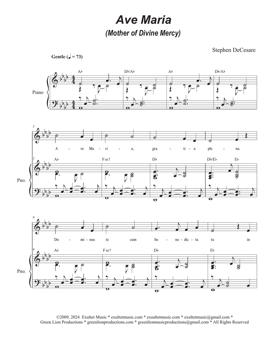 Ave Maria (Mother of Divine Mercy) (Unison choir) Unison Choir scores gallery preview page 1