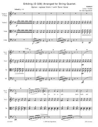 Schubert: Erlkönig (D 328) Arranged for String Quartet. Option: replace Violin 1 with Tenor Voice