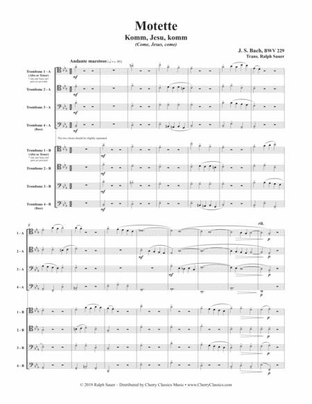Motet Komm, Jesus, komm (Come, Jesus, come) BWV 229 for 8-part Trombone Ensemble