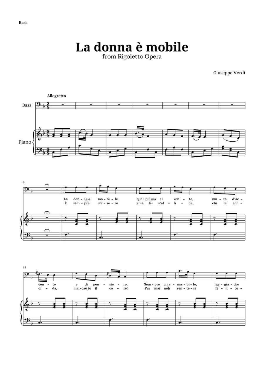 La donna è mobile in F major for Bass and Piano Piano, Vocal scores gallery preview page 1