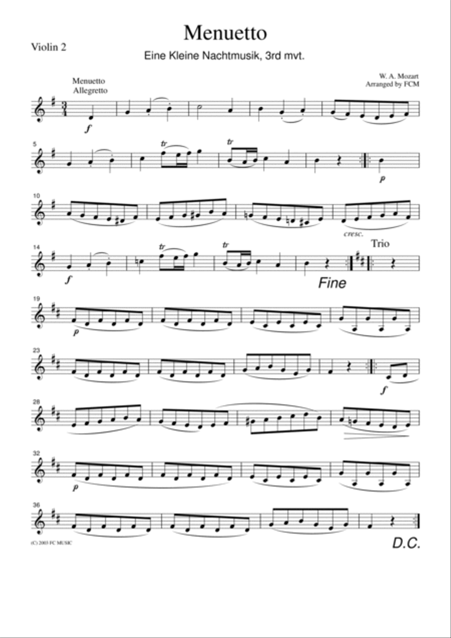 Mozart Menuetto (Eine kleine Nachtmusik, 3rd mvt.), for string quartet, CM007 String Quartet scores gallery preview page 2