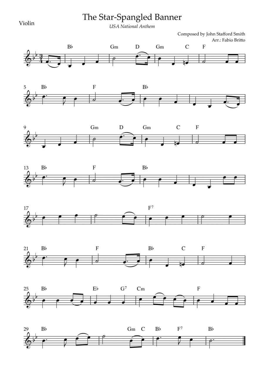 The Star Spangled Banner (USA National Anthem) for Violin Solo with Chords (B Major)