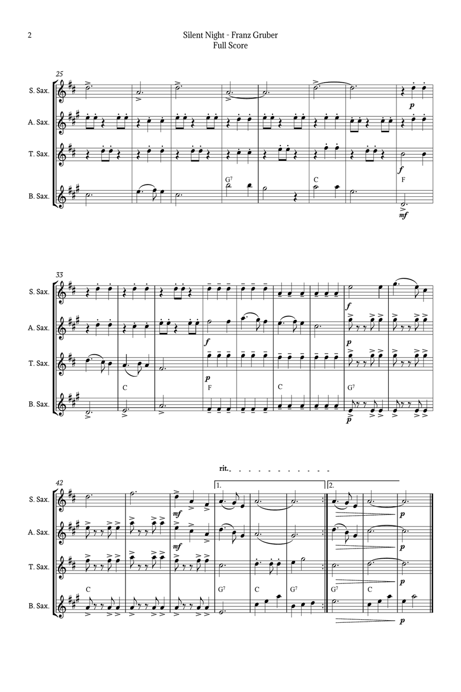 Silent Night for Sax Quartet Saxophone Quartet scores gallery preview page 2