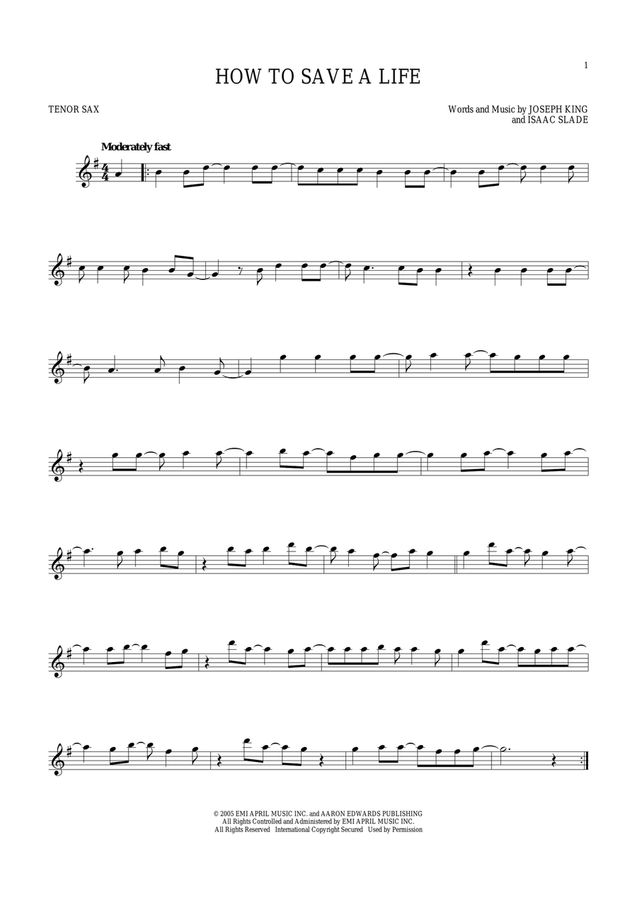 How To Save A Life Tenor Saxophone scores gallery preview page 1