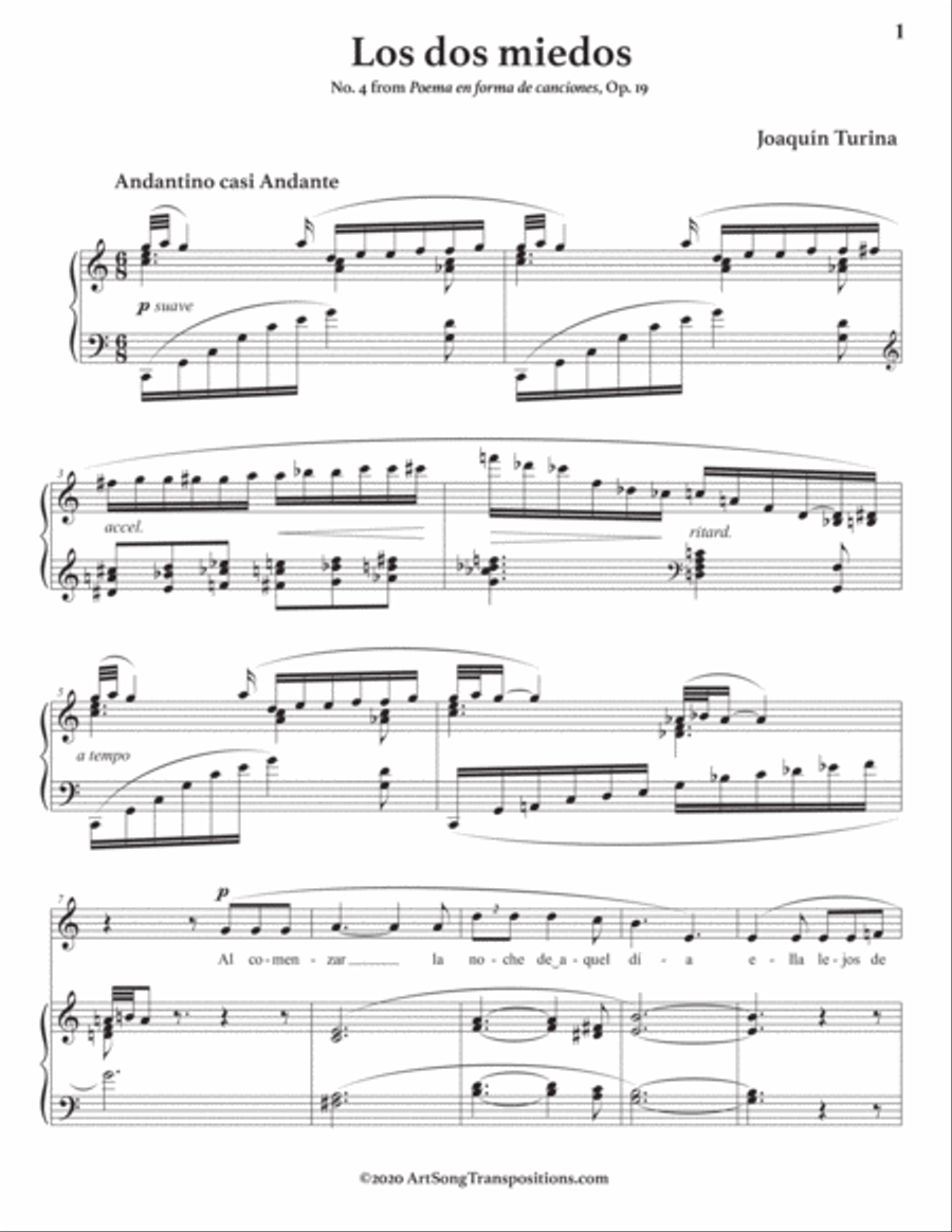 TURINA: Los dos miedos, Op. 19 no. 4 (transposed to C major) Voice scores gallery preview page 2