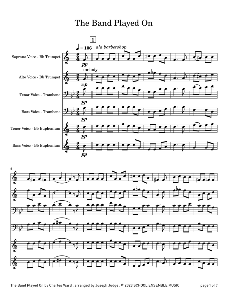 The Band Played On by Ward for Brass Quartet in Schools Brass Quartet scores gallery preview page 1
