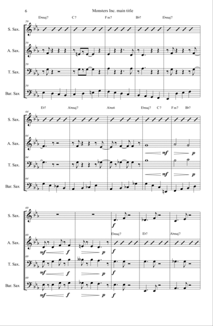 Monsters Inc. Saxophone Quartet scores gallery preview page 6