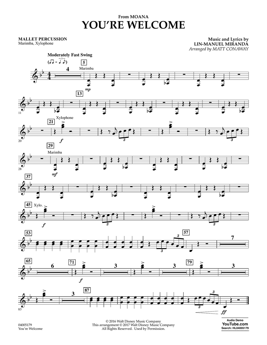 You're Welcome (from Moana) (arr. Matt Conaway) - Mallet Percussion Concert Band scores gallery preview page 1