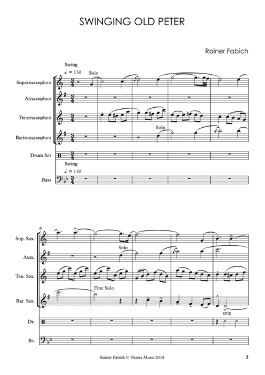 SWINGING OLD PETER for Saxophone Quartet Jazz Ensemble scores gallery preview page 6