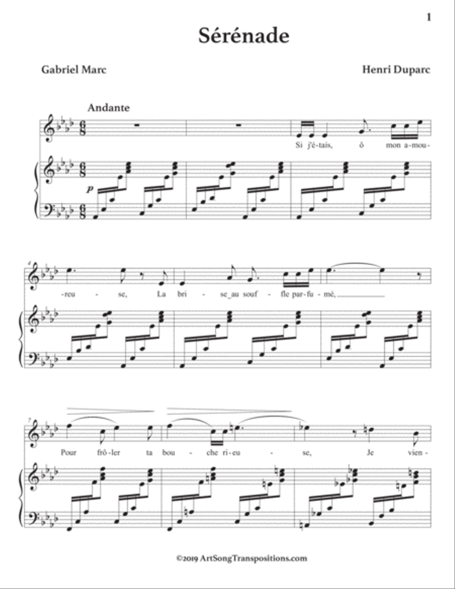 DUPARC: Sérénade (transposed to A-flat major) Voice scores gallery preview page 2