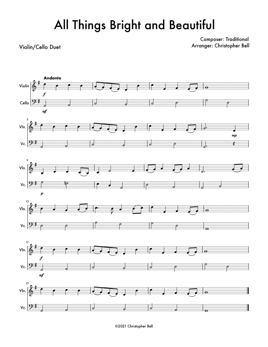 All Things Bright and Beautiful - Easy Violin/Cello Duet String Duet scores gallery preview page 1