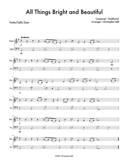 All Things Bright and Beautiful - Easy Violin/Cello Duet String Duet - Digital Sheet Music
