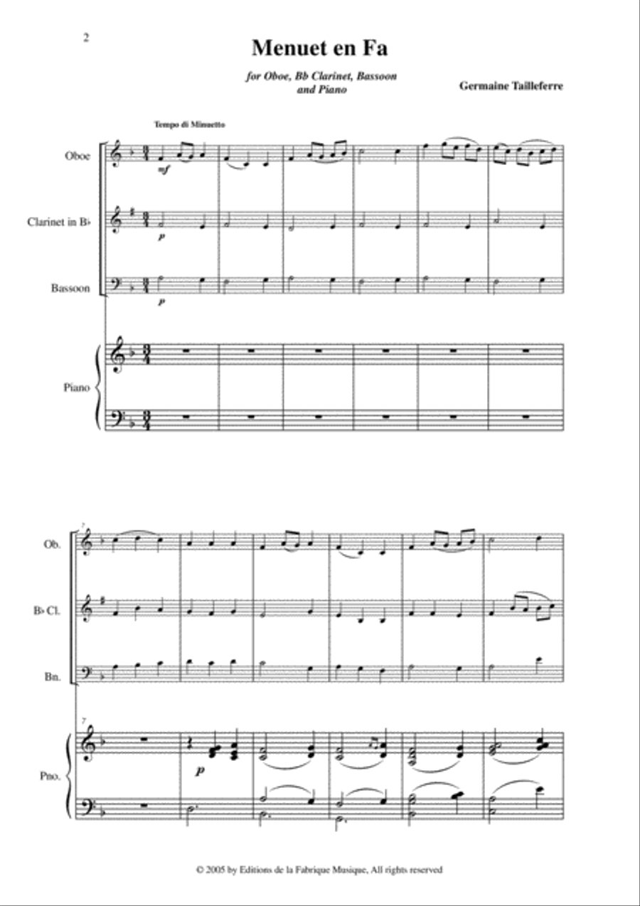 Germaine Tailleferre: Menuet en Fa for oboe, Bb clarinet, bassoon and piano Small Ensemble scores gallery preview page 2