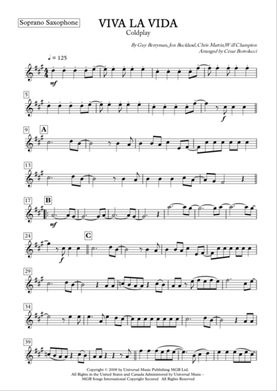 Viva La Vida Soprano Saxophone scores gallery preview page 2