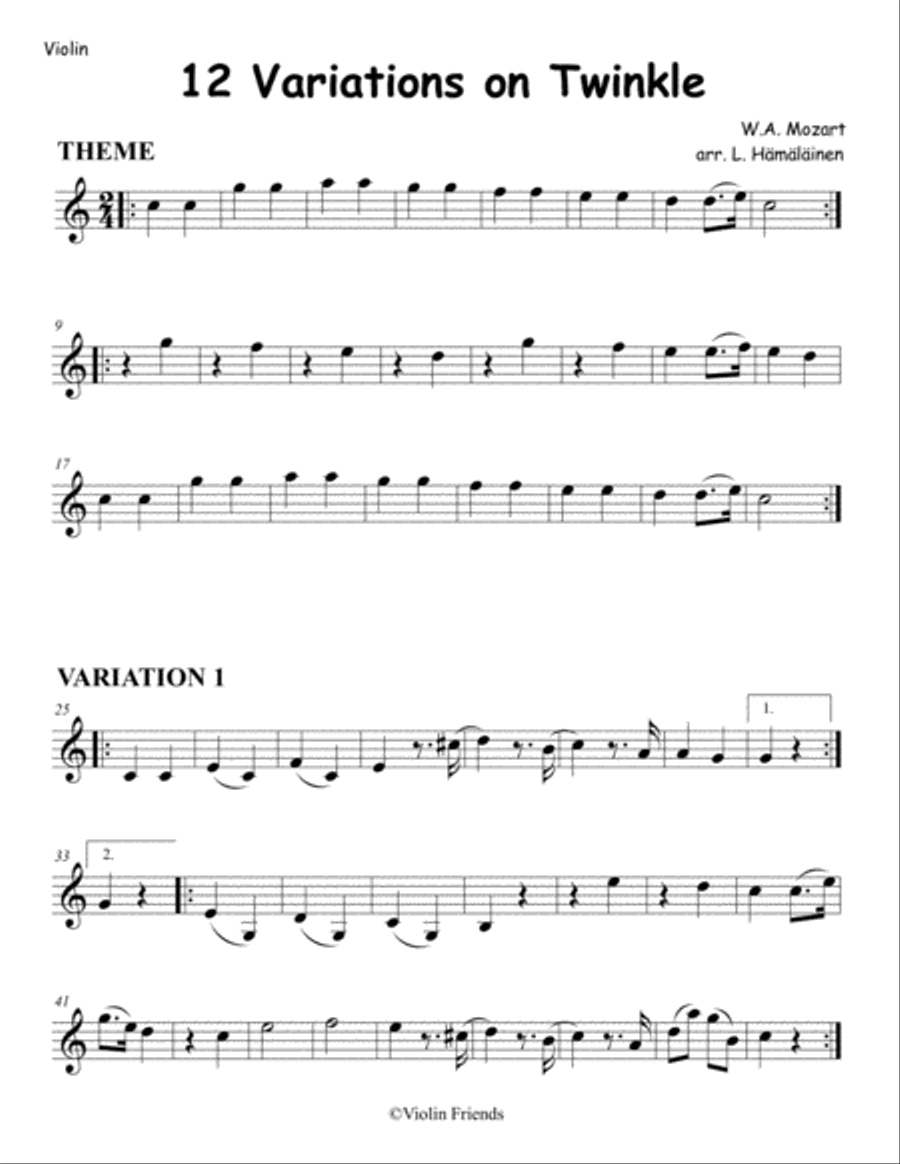 12 Variations on Twinkle, Twinkle, Little Star by Mozart arr. for piano quartet: Parts for strings (