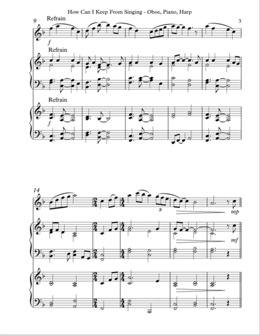 How Can I Keep From Singing, Trio for Oboe, Piano & Harp Pedal Harp scores gallery preview page 3