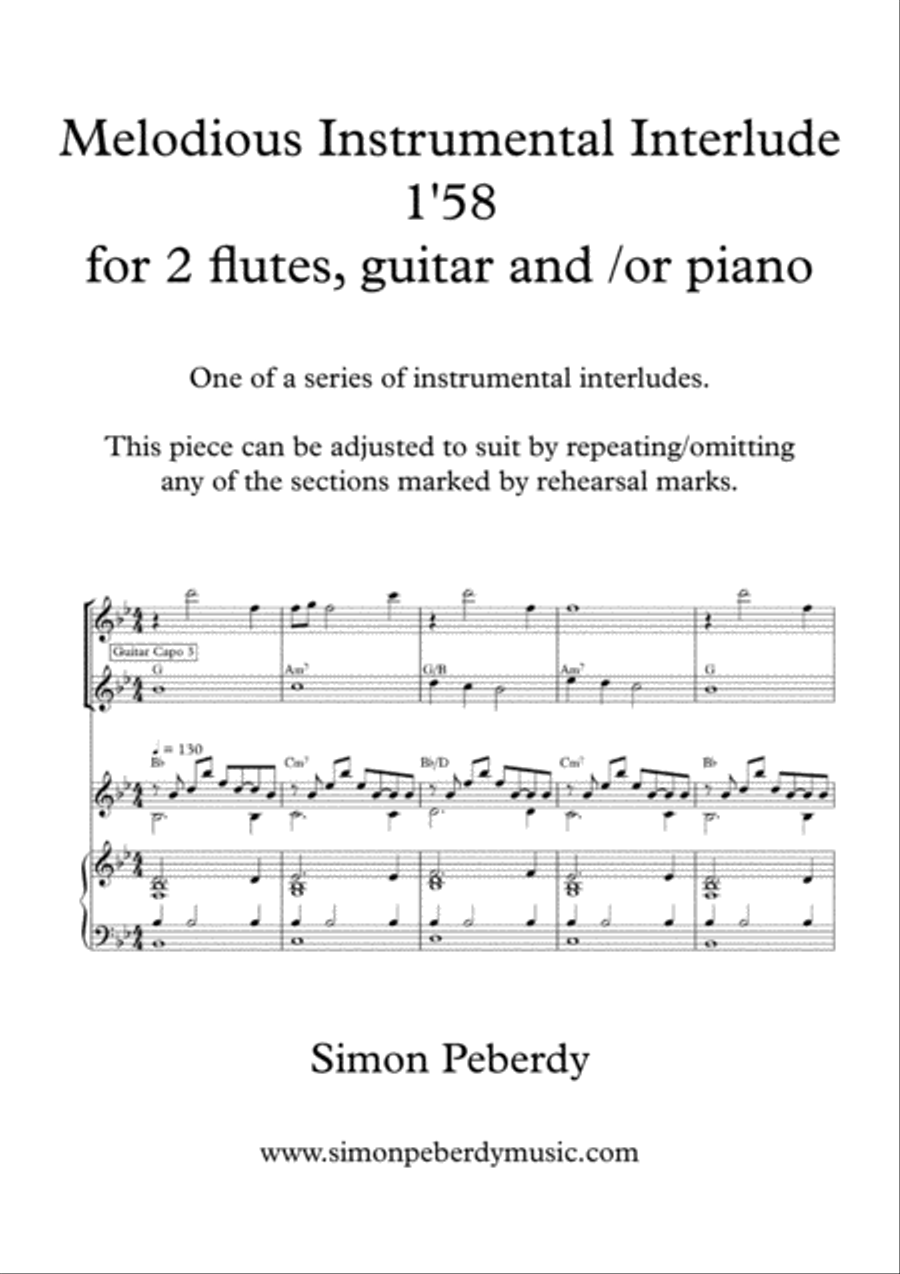 Melodious Instrumental Interlude 1'58 in B flat for 2 flutes, guitar and/or piano by Simon Peberdy