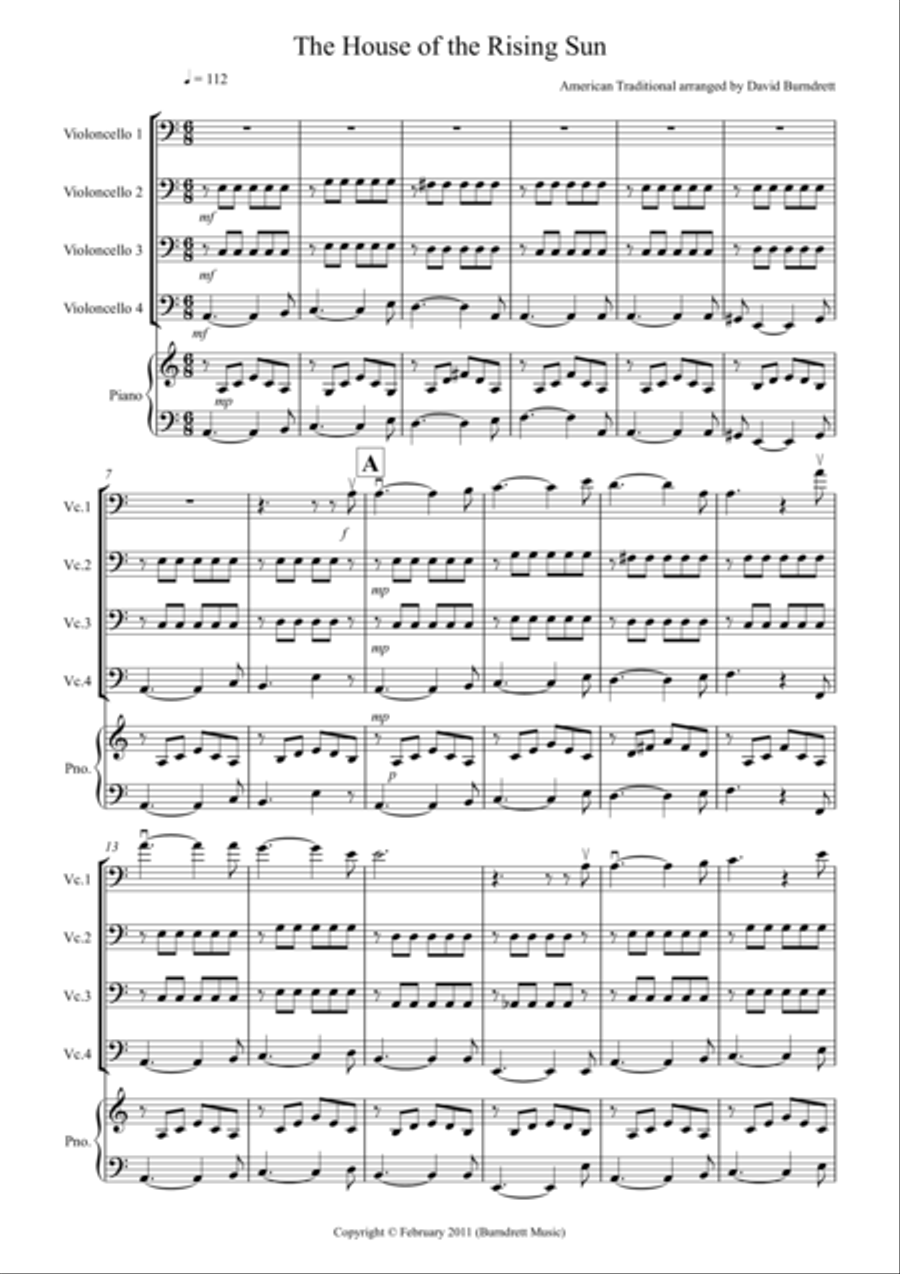House of the Rising Sun for Cello Quartet Cello Solo scores gallery preview page 1