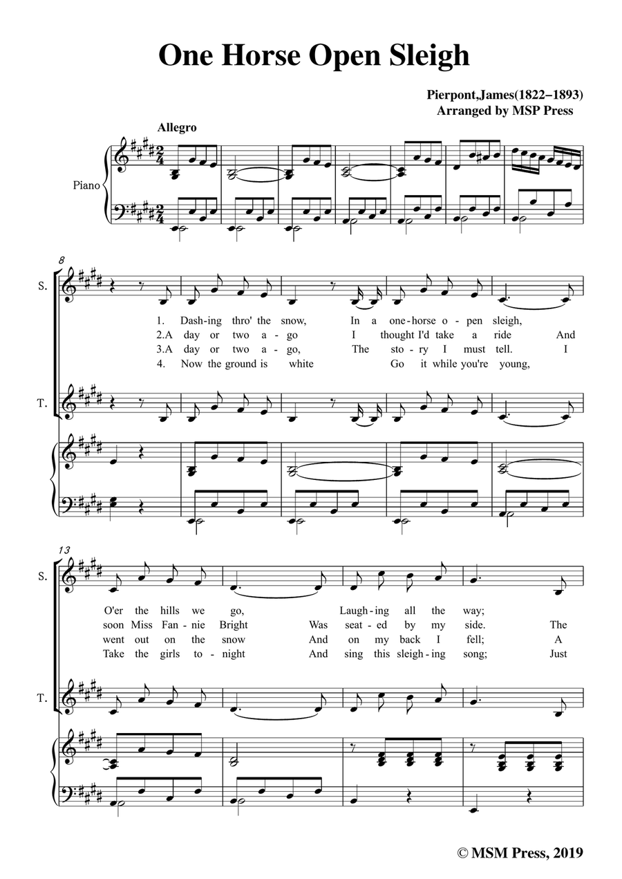 Pierpont-Jingle Bells(The One Horse Open Sleigh),in E Major,for Quatre Chorales 4-Part scores gallery preview page 3