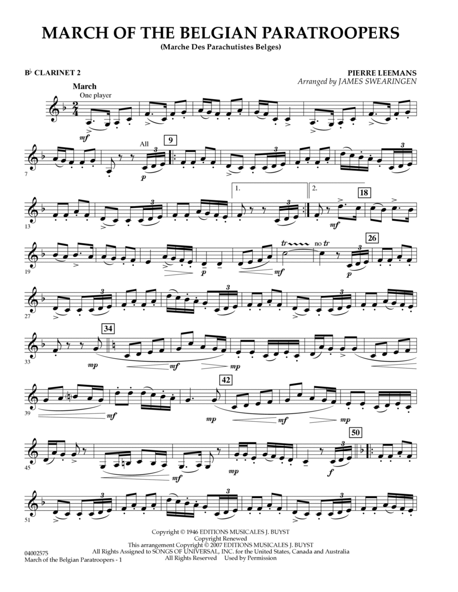 March Of The Belgian Paratroopers - Bb Clarinet 2 B-Flat Clarinet scores gallery preview page 1