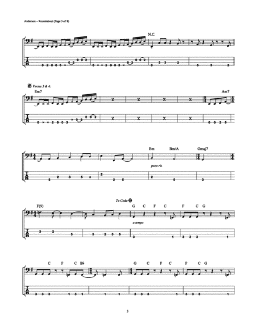 Roundabout Bass Guitar Tablature scores gallery preview page 3