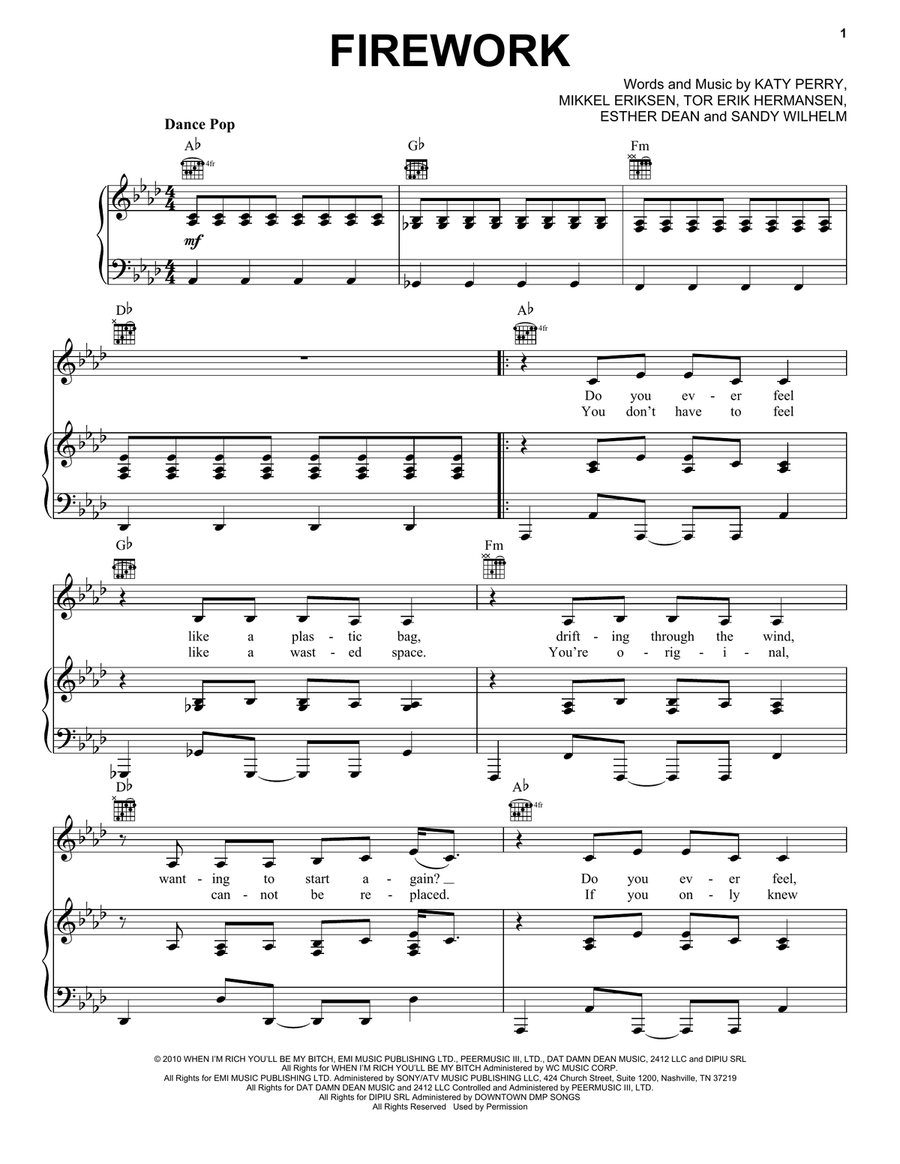 Firework Piano, Vocal, Guitar scores gallery preview page 1